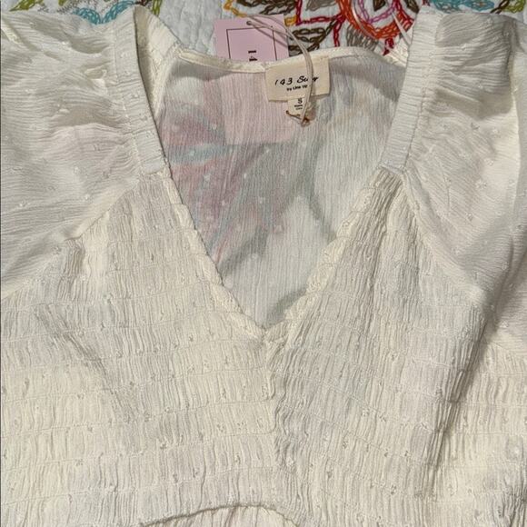 1 4 3 Story by Line Up women’s small off white blouse v-neck ruched detail sheer - Picture 8 of 10